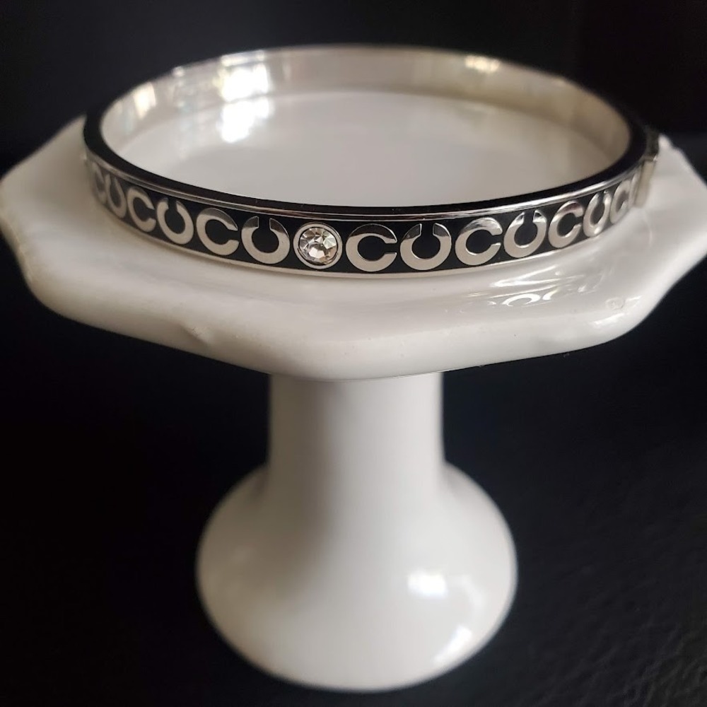 Coach Black and Silver Logo Bangle Bracelet with Crystal Accent